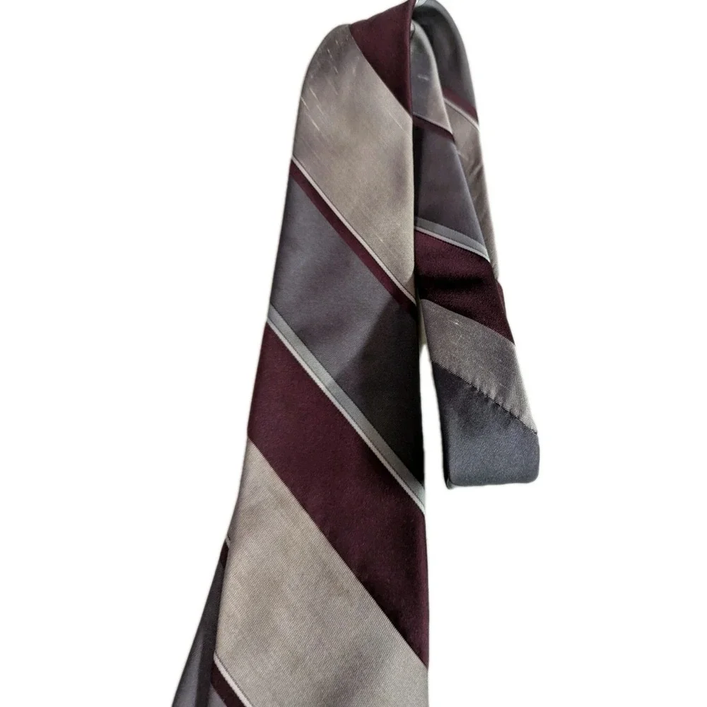 Vintage Wembley WemSilk Tie Mens Burgundy Grey Silver Striped Silk Blend Retro